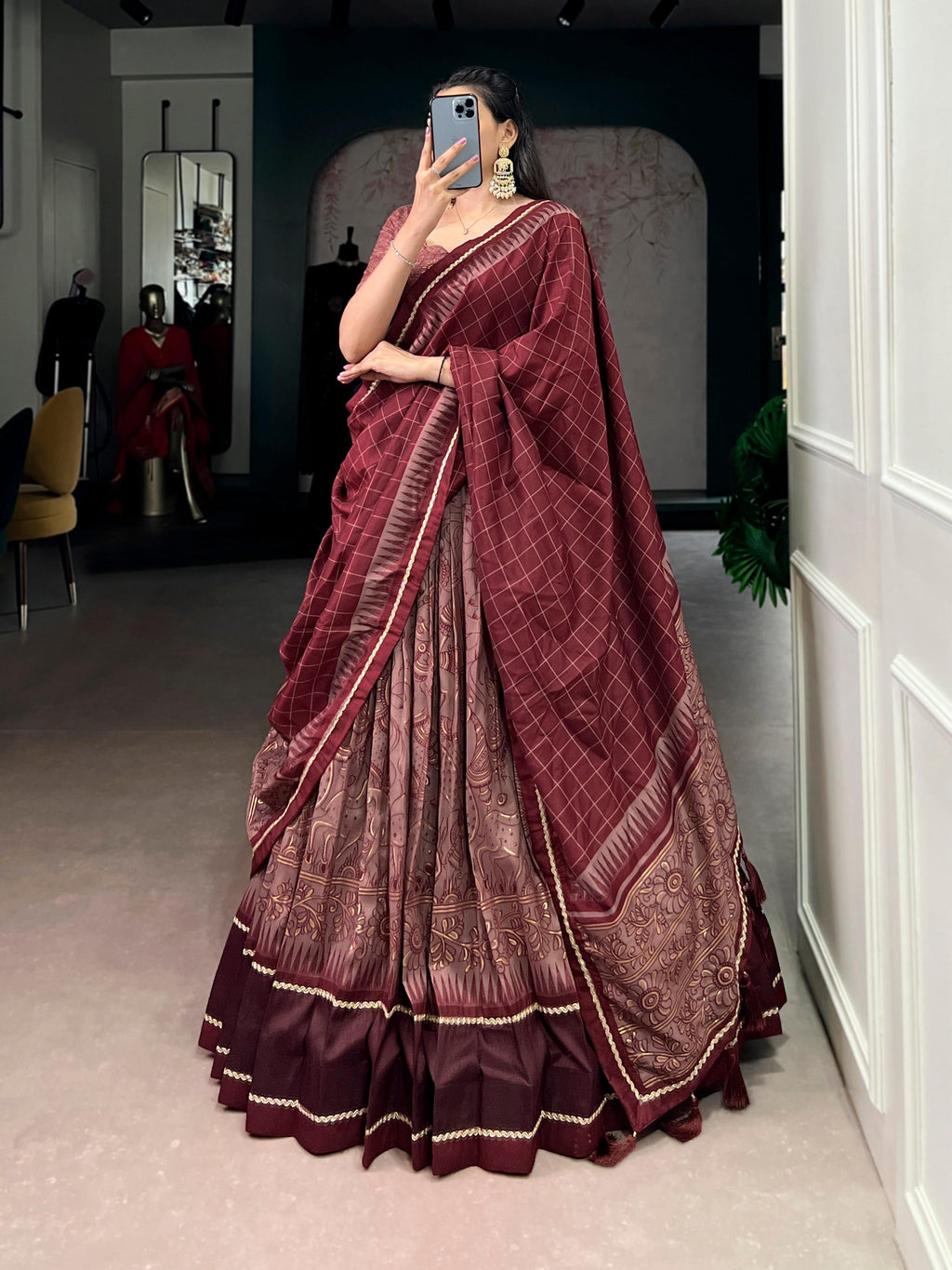 Maroon Tasar Silk Kalamkari Print Lehenga Choli with Lace Border