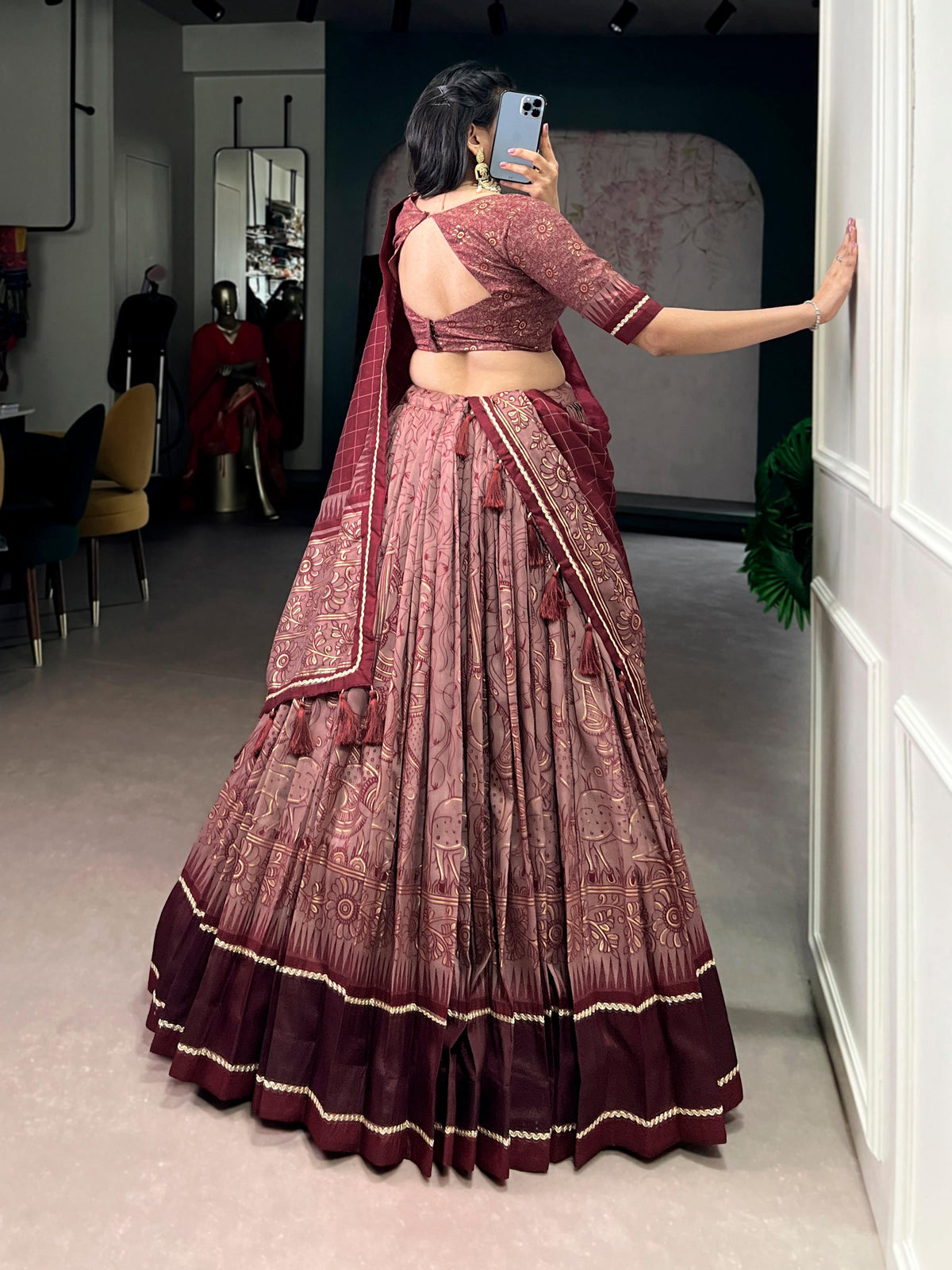 Maroon Tasar Silk Kalamkari Print Lehenga Choli with Lace Border