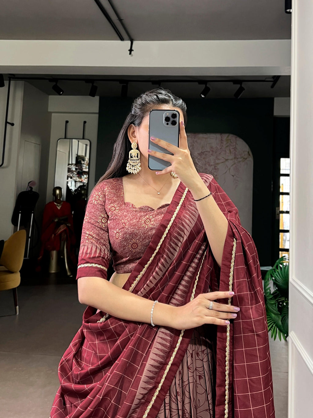 Maroon Tasar Silk Kalamkari Print Lehenga Choli with Lace Border