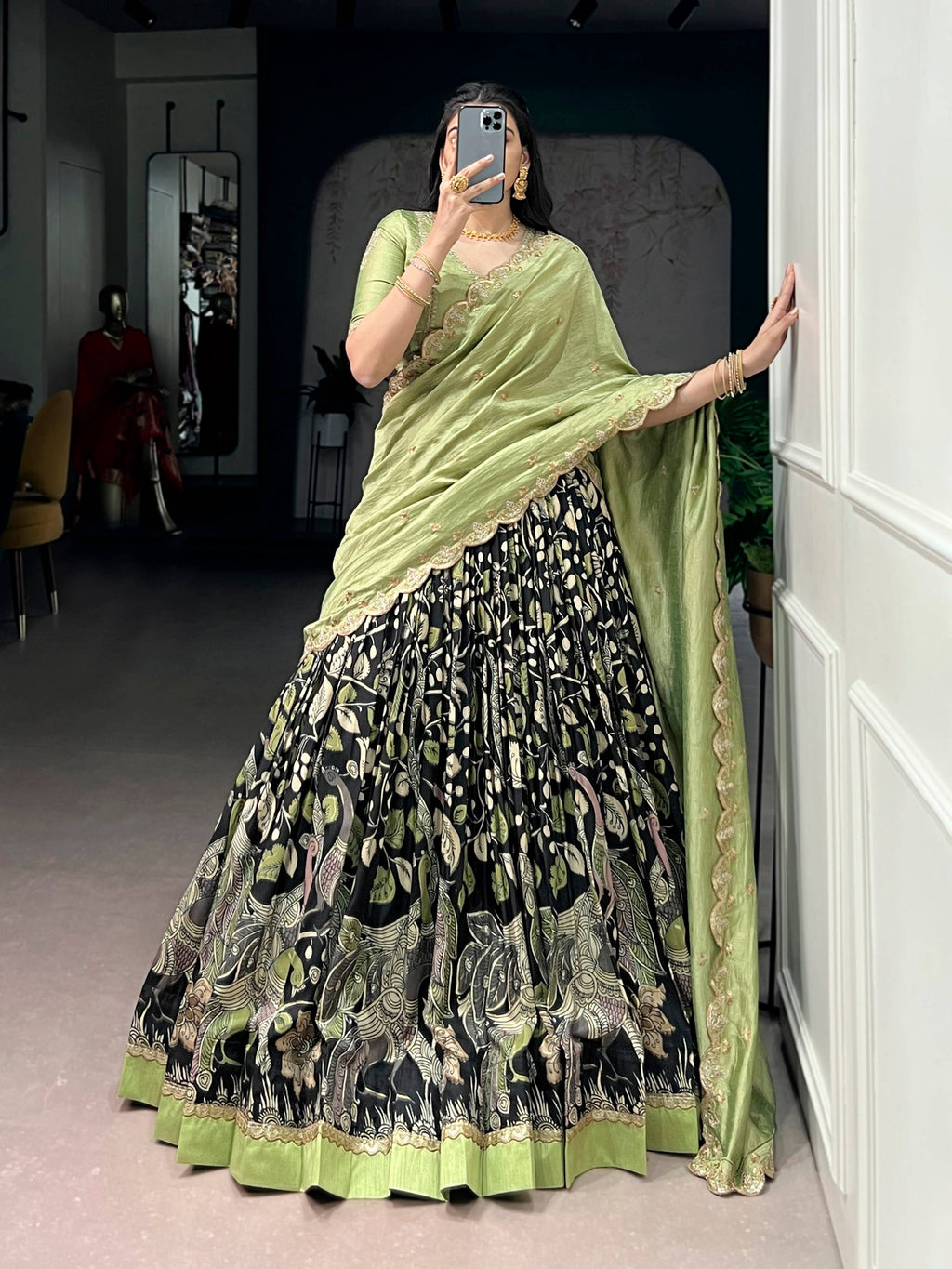 Multicolor Tasar Silk lehenga choli featuring Kalamkari prints and lace trim