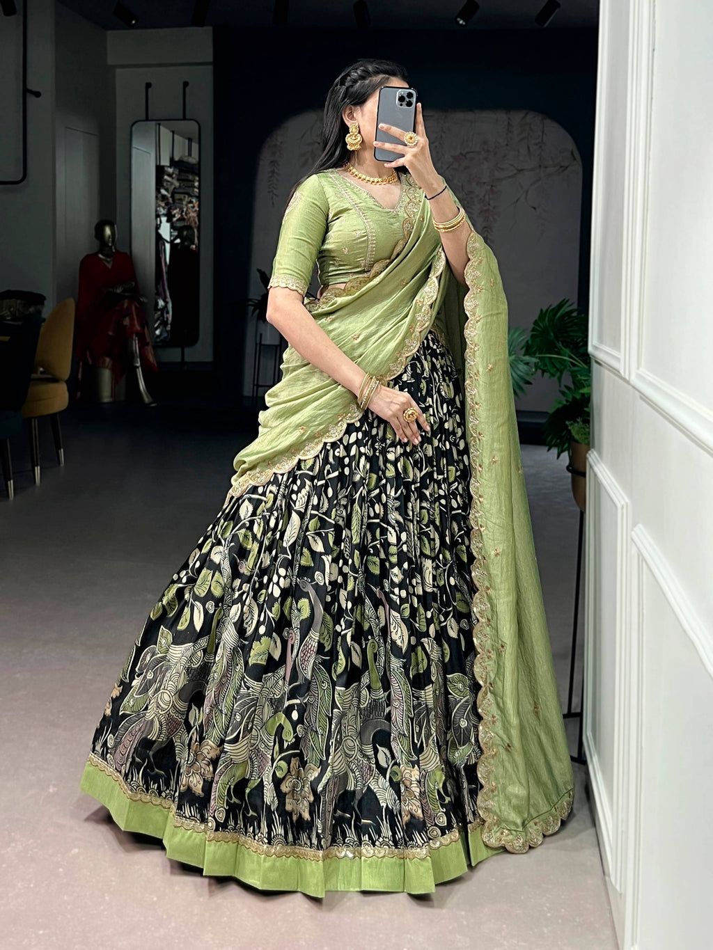 Multicolor Tasar Silk Kalamkari Print Lehenga Choli Set