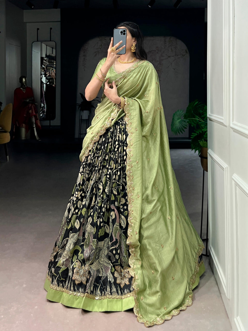 Multicolor Tasar Silk Kalamkari Print Lehenga Choli Set