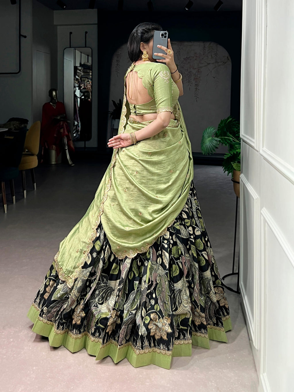 Multicolor Tasar Silk Kalamkari Print Lehenga Choli Set