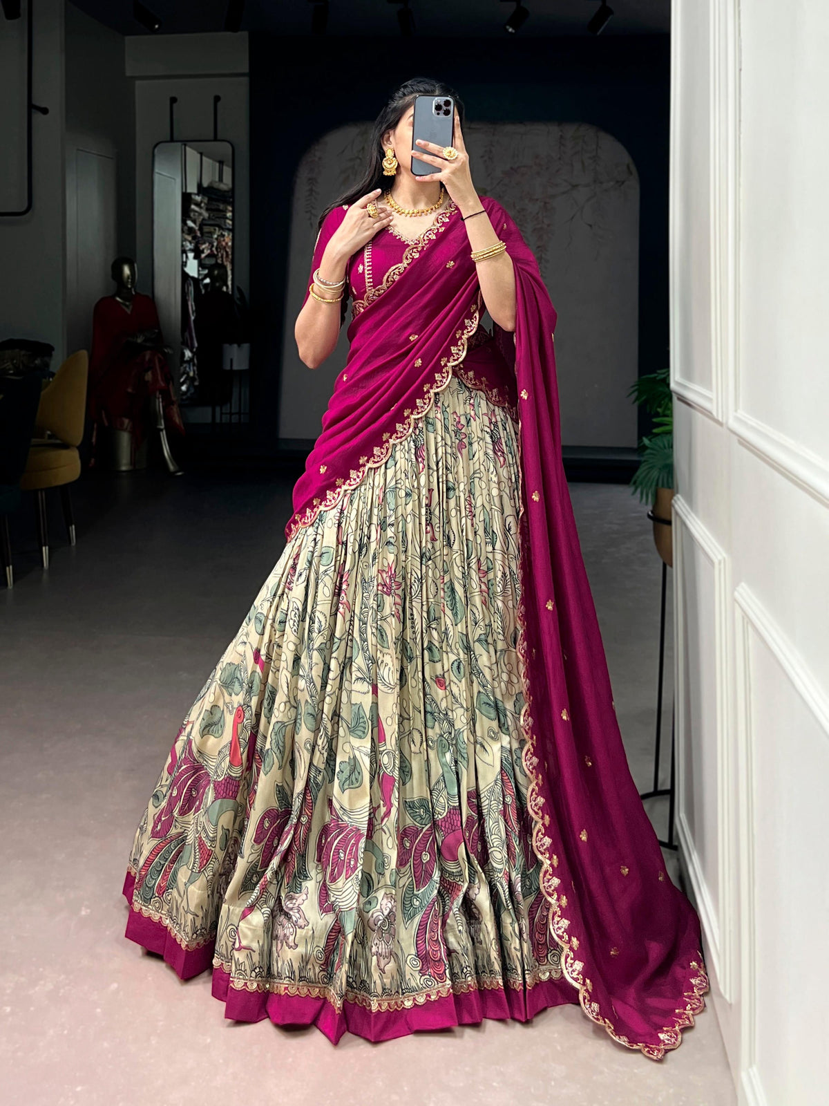 Multicolor Tasar Silk Kalamkari Lehenga Choli with Lace