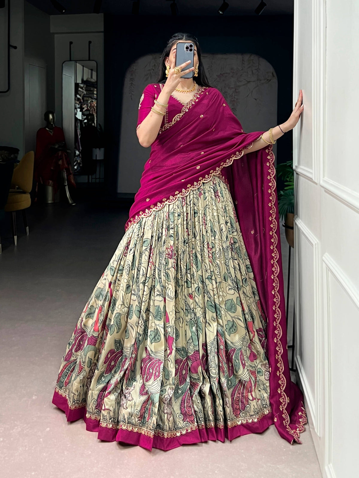 Multicolor Tasar Silk Kalamkari Lehenga Choli with Lace