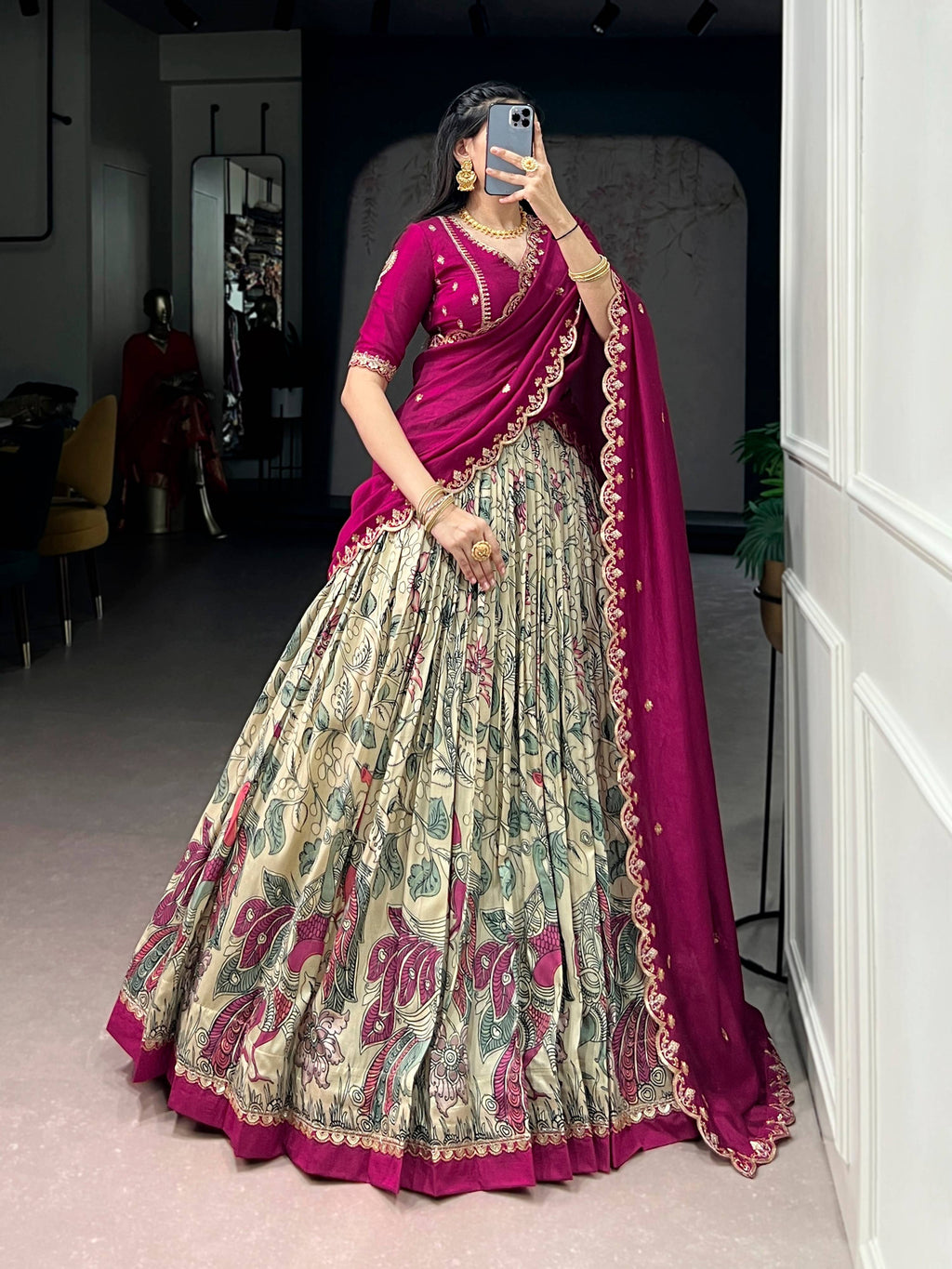 Multicolor Tasar silk lehenga choli with intricate Kalamkari print and elegant lace border.