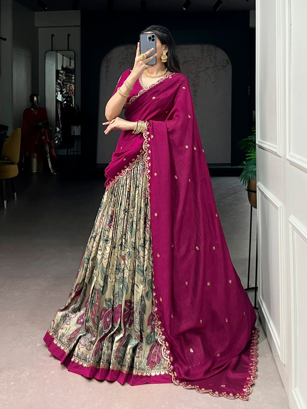 Multicolor Tasar Silk Kalamkari Lehenga Choli with Lace
