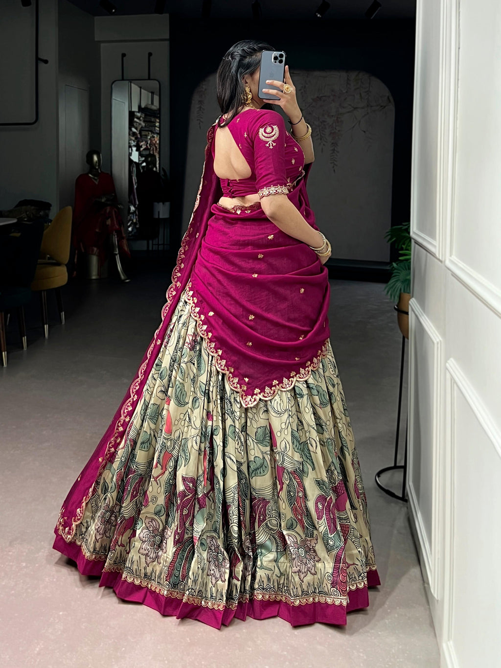 Multicolor Tasar Silk Kalamkari Lehenga Choli with Lace