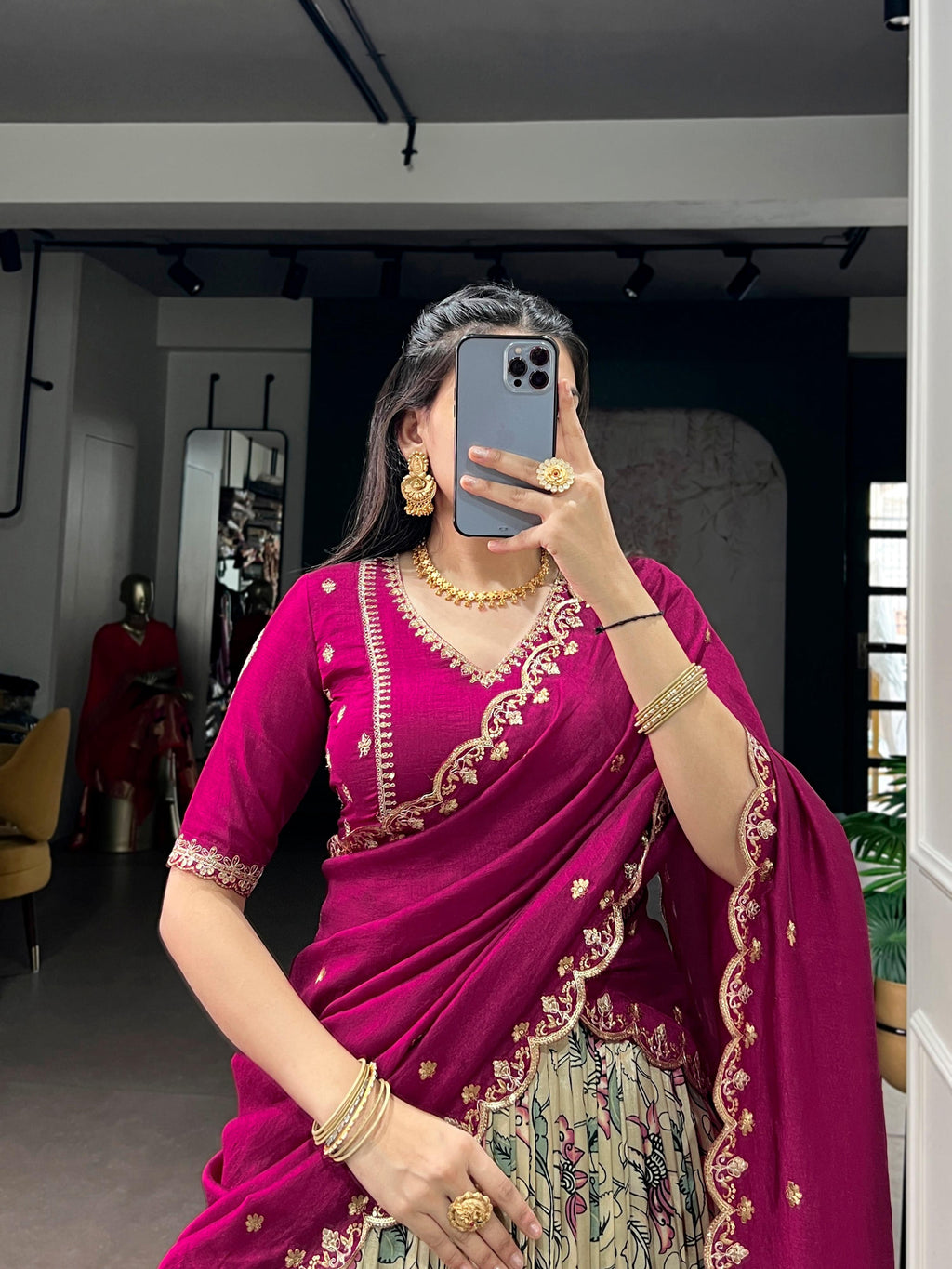 Multicolor Tasar Silk Kalamkari Lehenga Choli with Lace