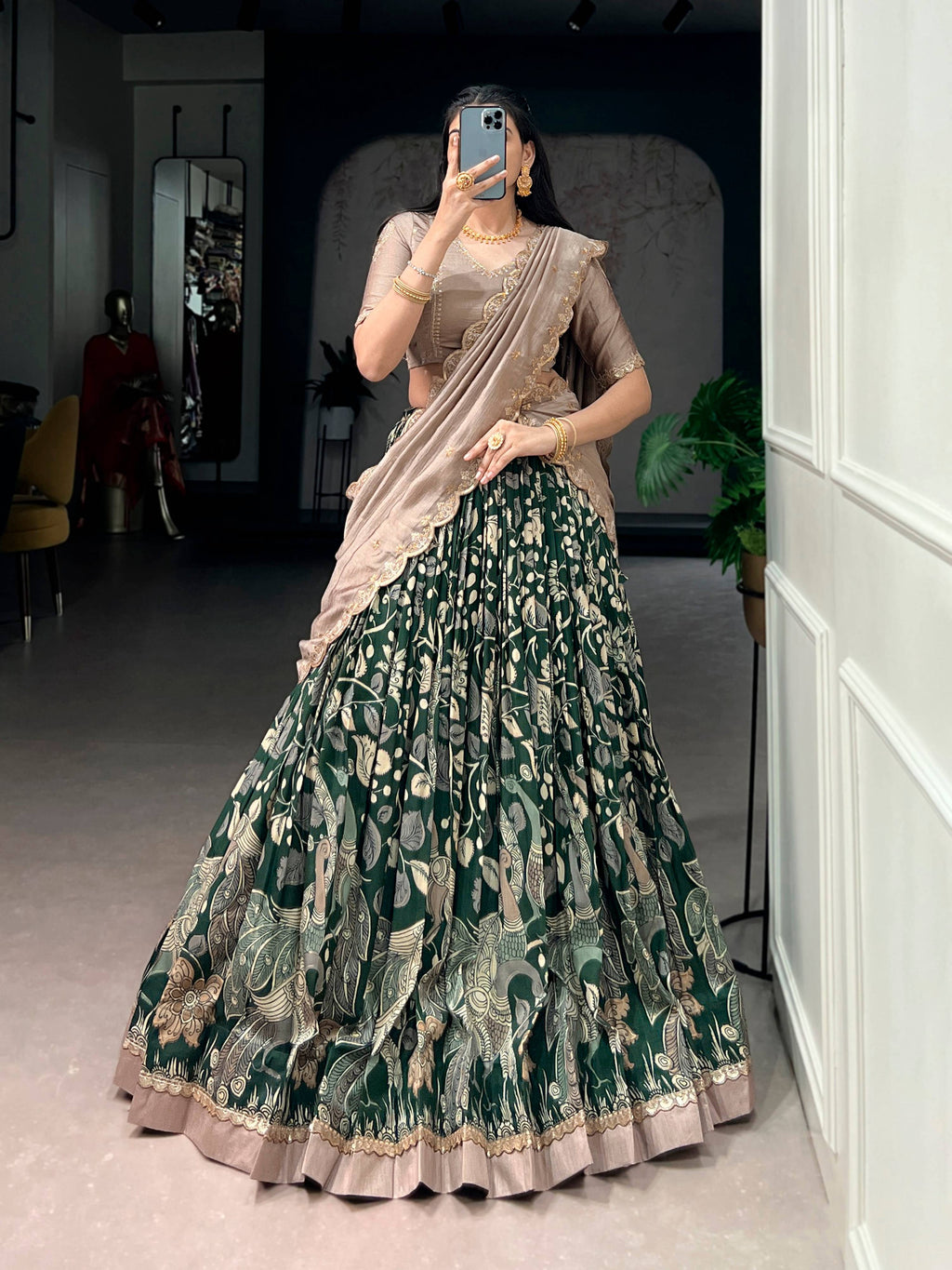 Multicolor Tasar Silk lehenga choli with traditional Kalamkari print and lace border