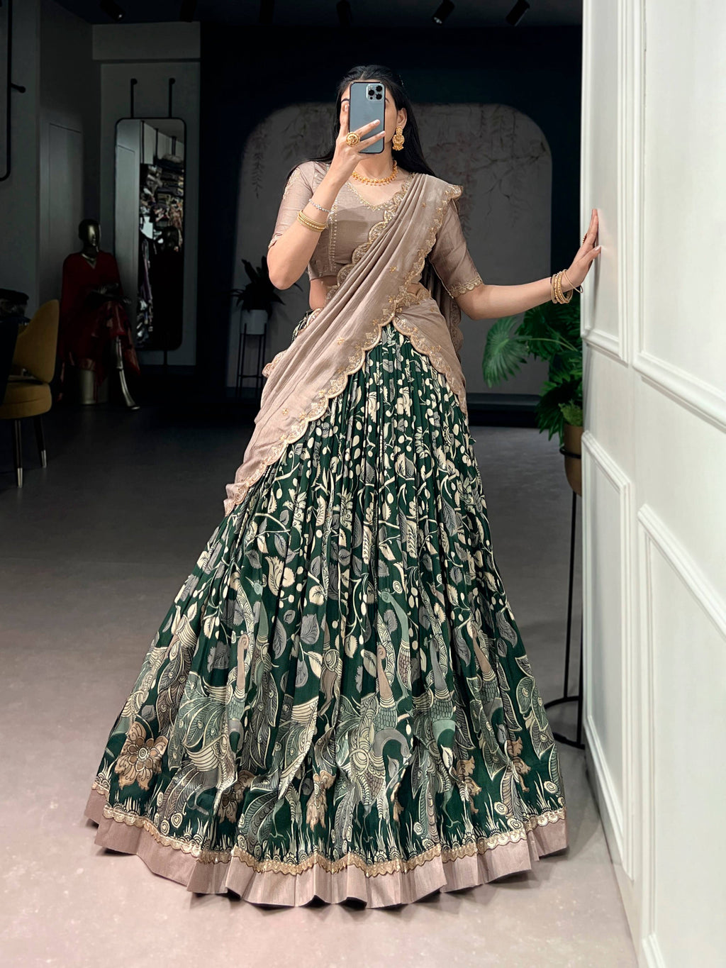 Multicolor Tasar Silk Kalamkari Lehenga Choli with Lace Border