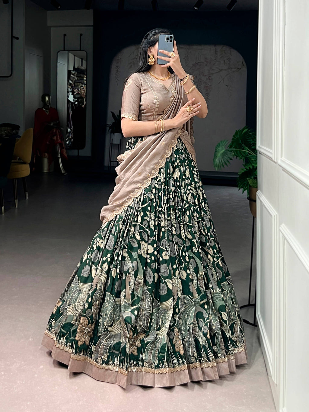 Multicolor Tasar Silk Kalamkari Lehenga Choli with Lace Border