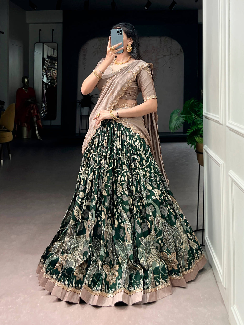 Multicolor Tasar Silk Kalamkari Lehenga Choli with Lace Border