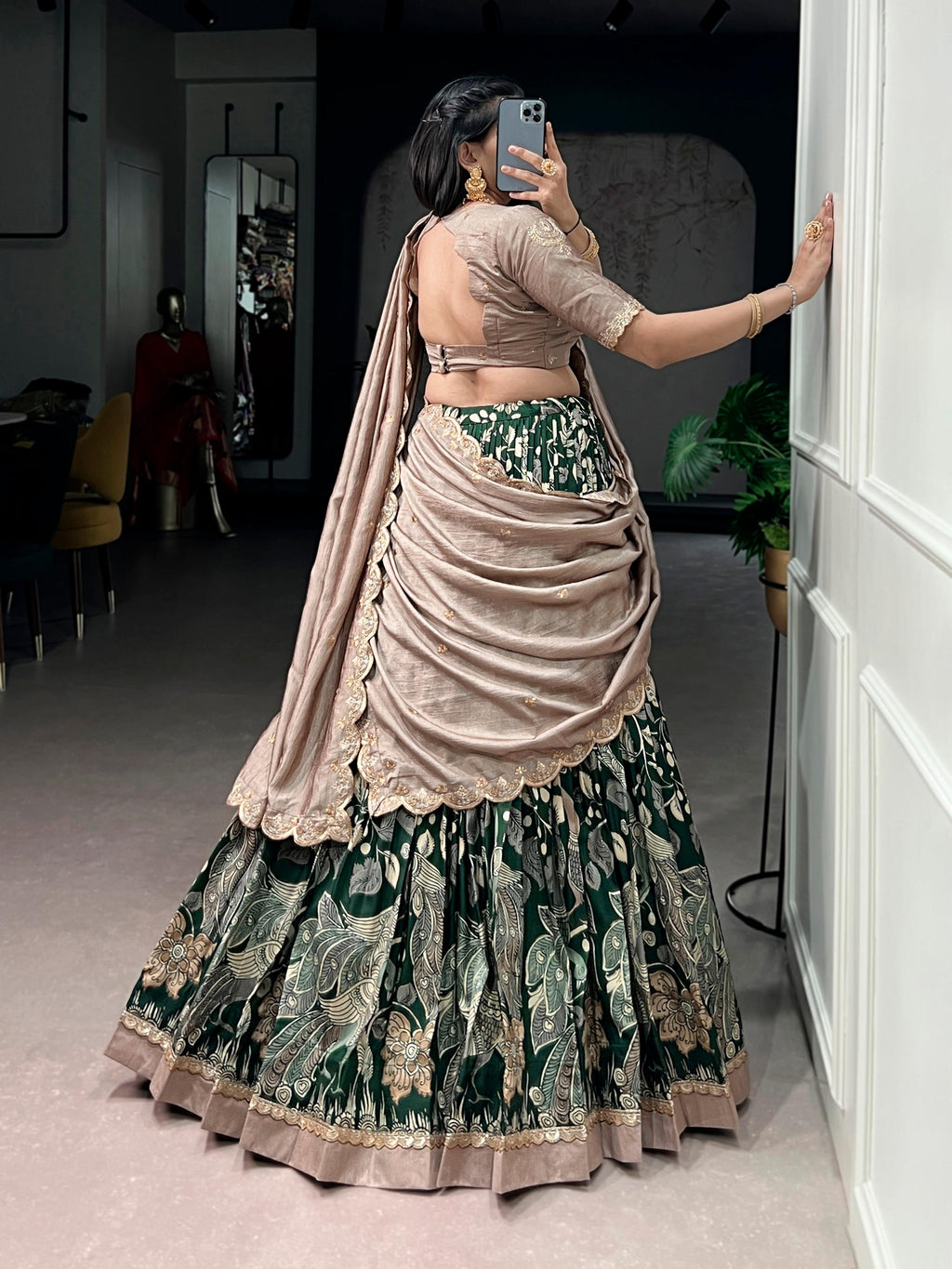 Multicolor Tasar Silk Kalamkari Lehenga Choli with Lace Border