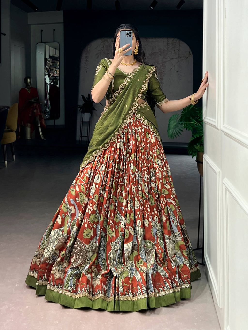 Multicolor Tasar Silk Kalamkari Print Lehenga Choli with Lace