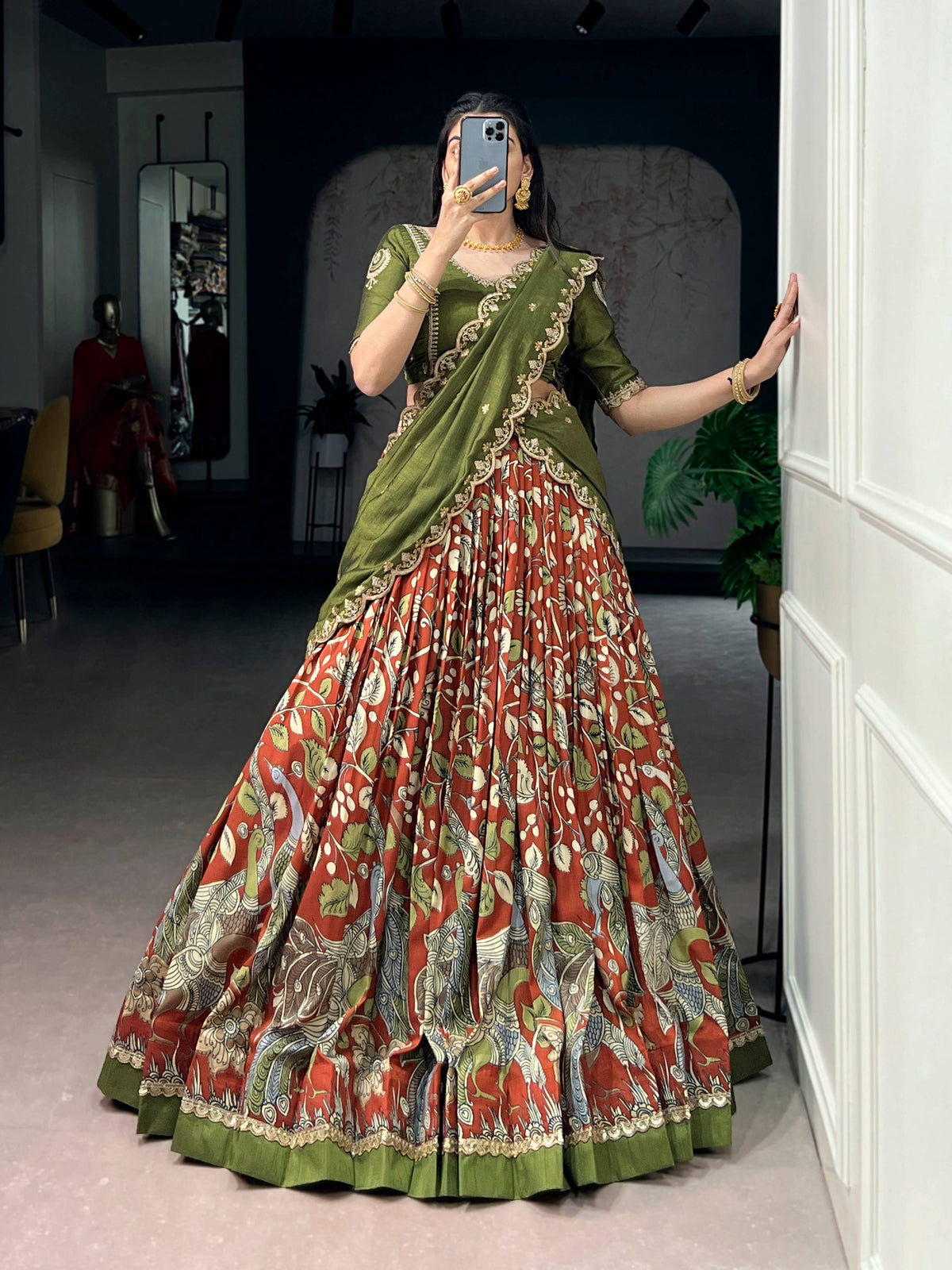Multicolor Tasar Silk Kalamkari Print Lehenga Choli with Lace