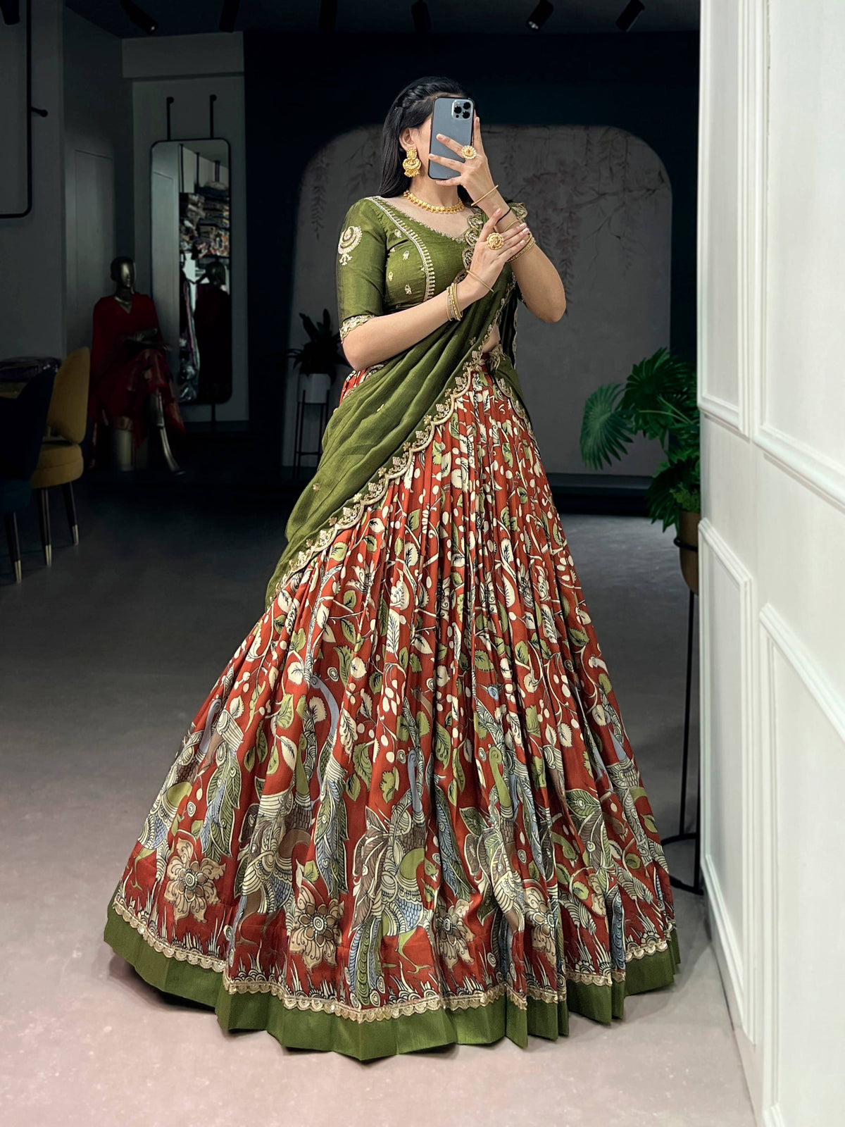 Multicolor Tasar Silk Kalamkari Print Lehenga Choli with Lace