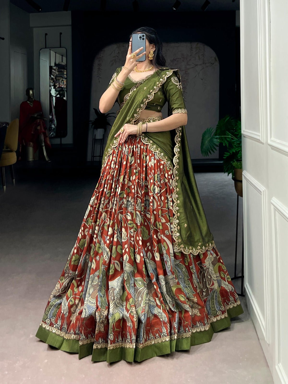 Multicolor Tasar Silk Kalamkari Print Lehenga Choli with Lace