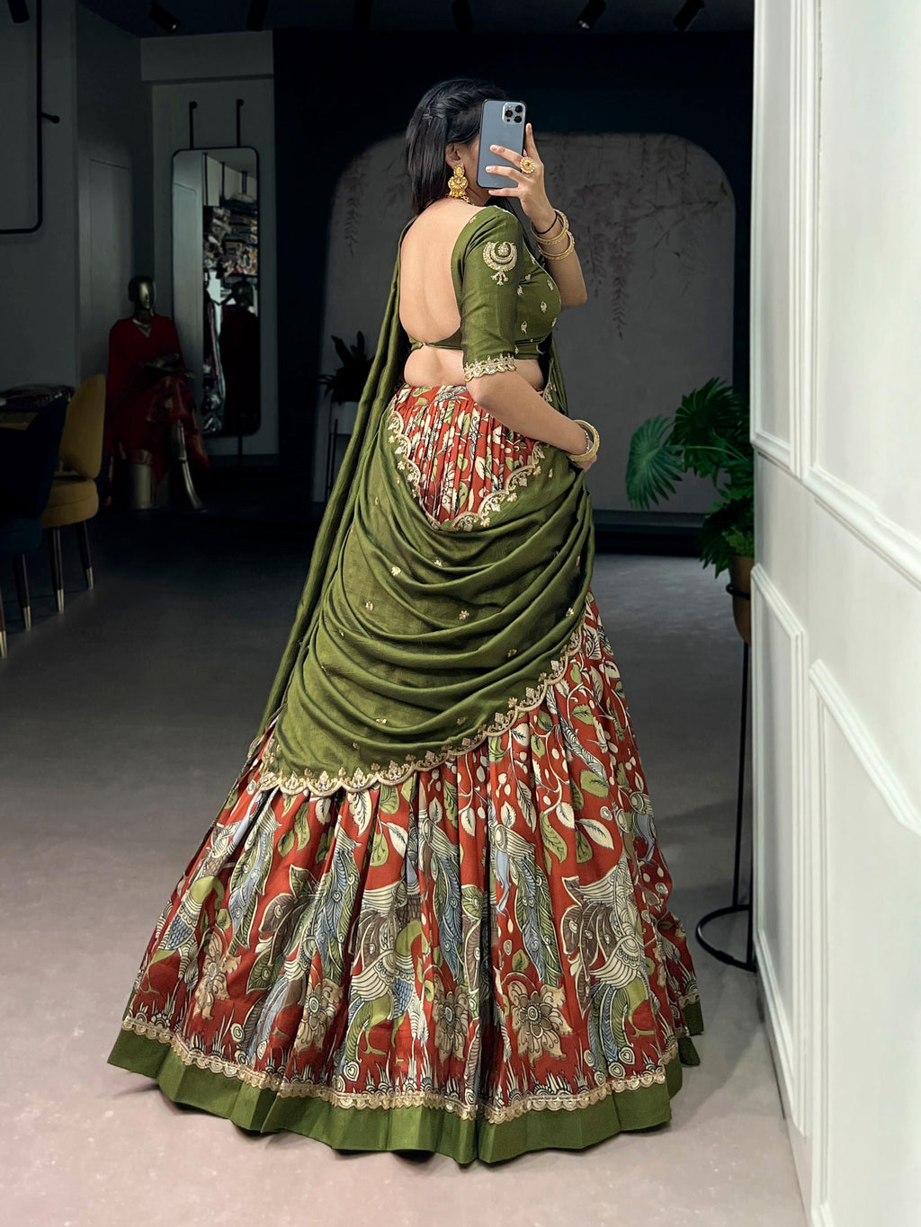 Multicolor Tasar Silk Kalamkari Print Lehenga Choli with Lace
