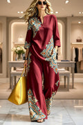Printed Wide-Leg Trouser Set | V-Neck Top & Pants Two-Piece