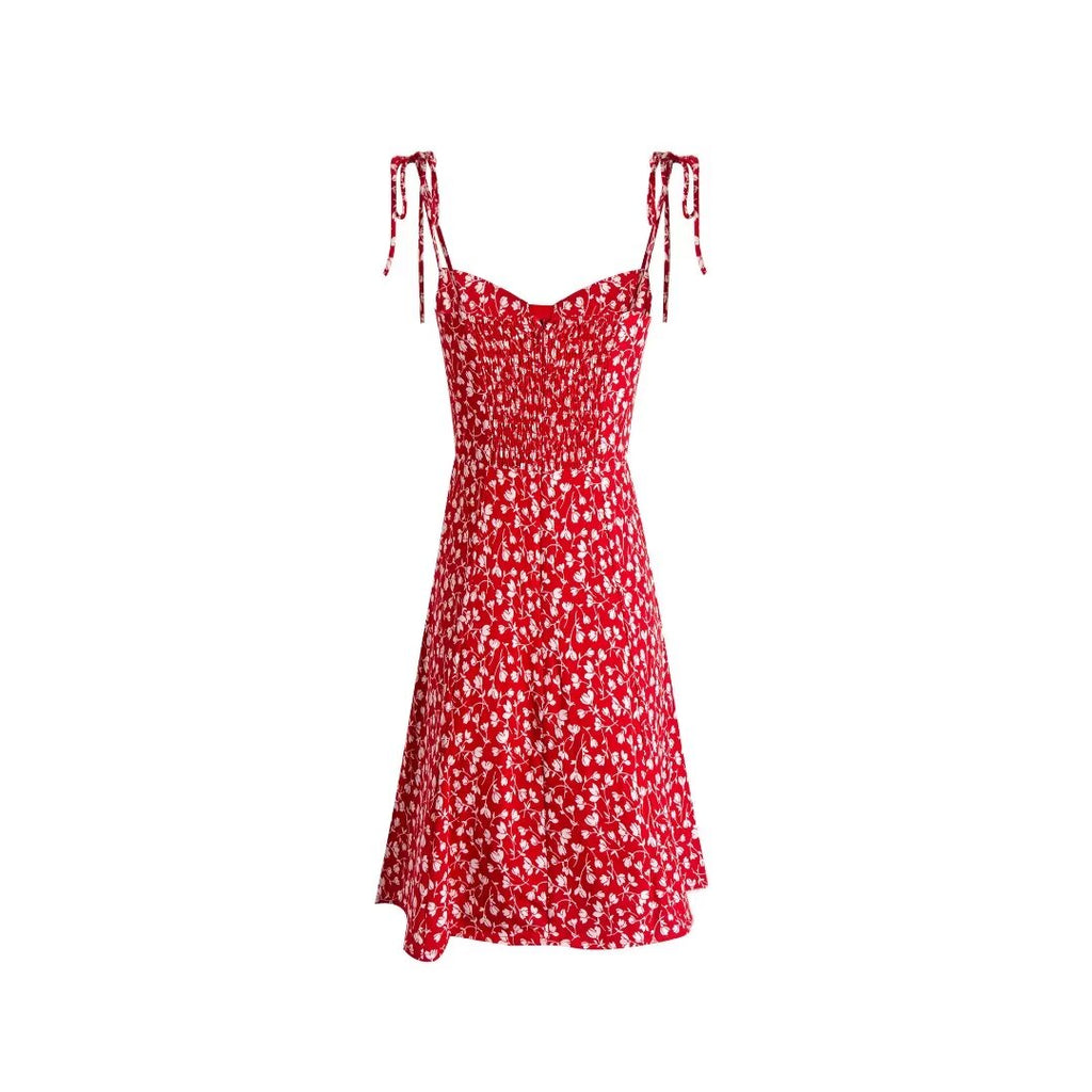 Summer Women Clothing Red Floral Print Slim Strap Dress