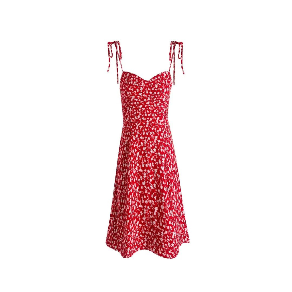Summer Women Clothing Red Floral Print Slim Strap Dress