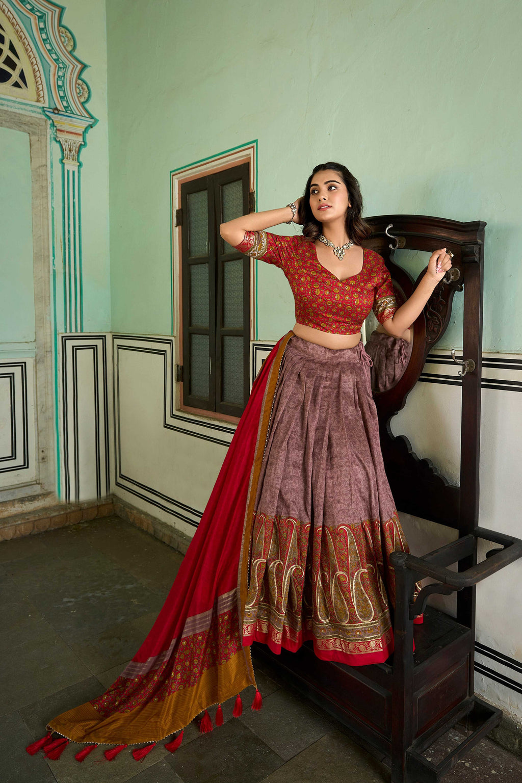 Lorenvalley Fashion Multicolor Tasar Silk Kashmiri Print With Foil Print Lehenga Choli with Dupatta