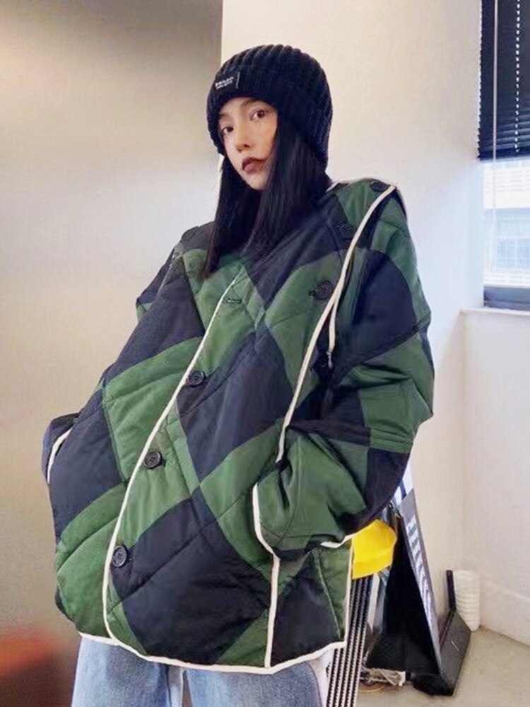 Women's Harajuku Green & Black Quilted Cotton-Padded Coat - Image 6