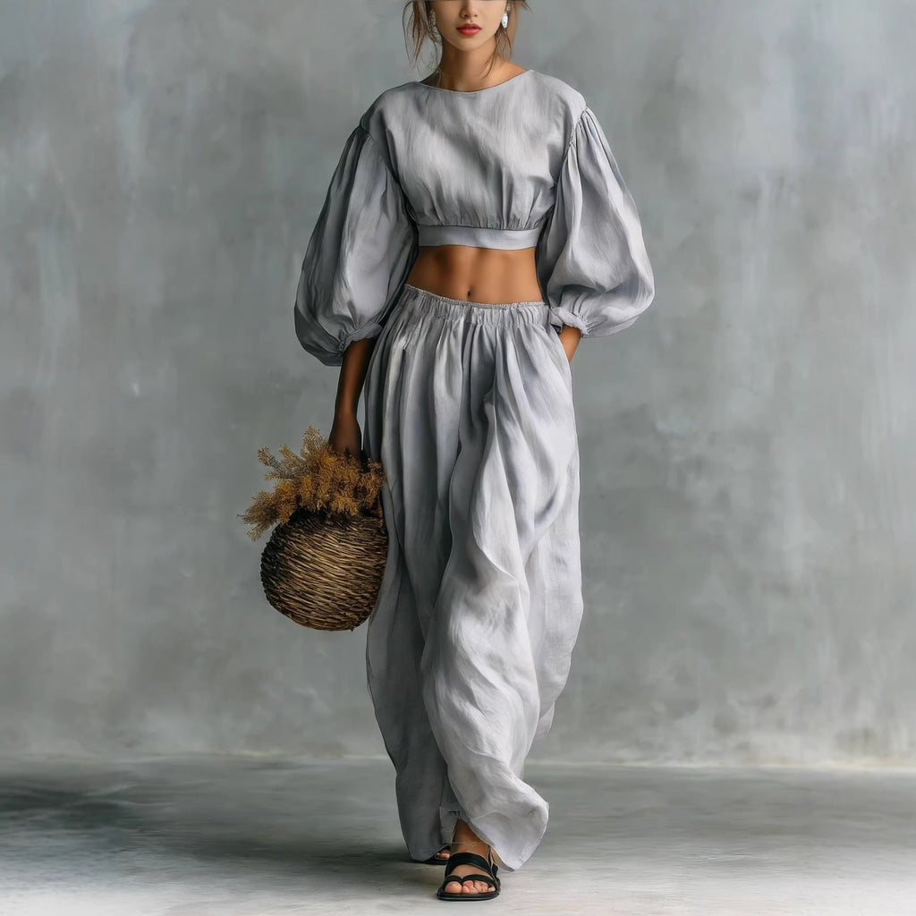 Women's Puff-Sleeve Cropped Two-Piece Set with Pocket Trousers - Image 2