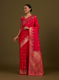 Dark pink Banarasi silk blend saree with detailed gold zari weaving