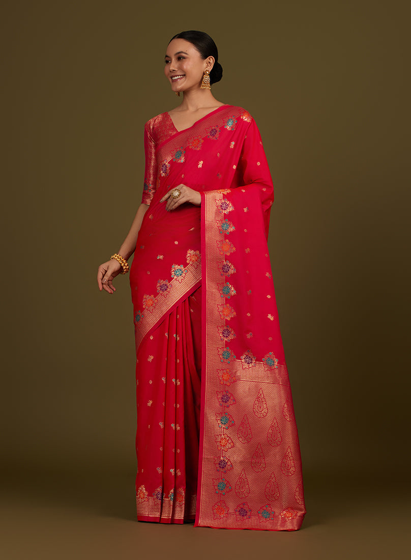Dark pink Banarasi silk blend saree with detailed gold zari weaving