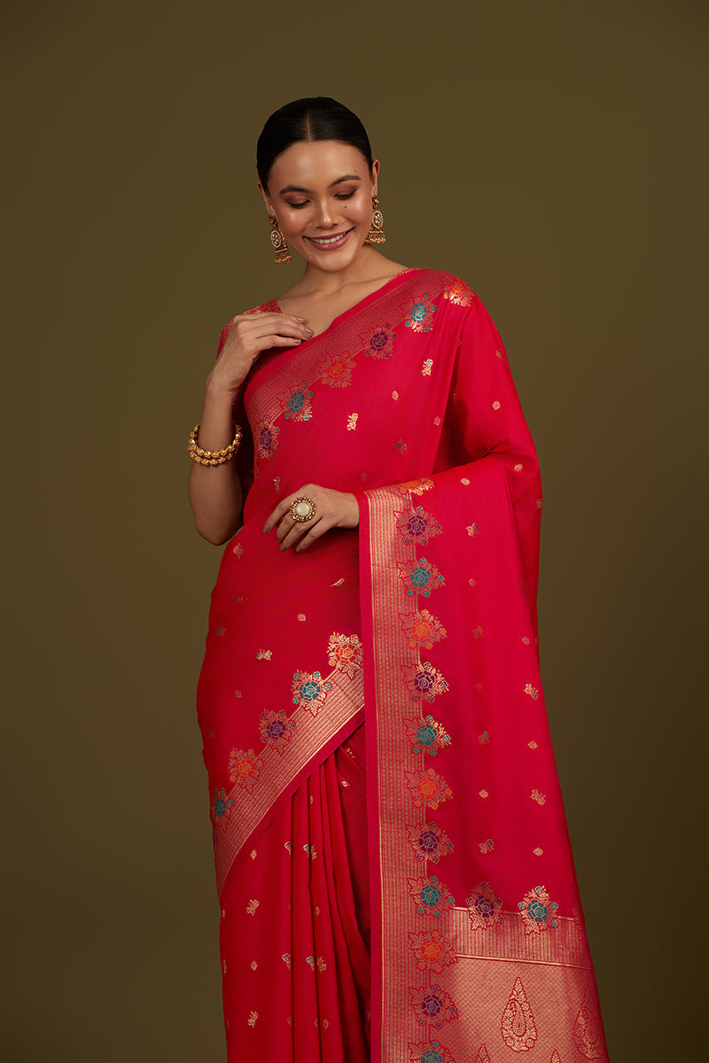 Dark Pink Banarasi Silk Blend Saree with Zari Woven Detailing