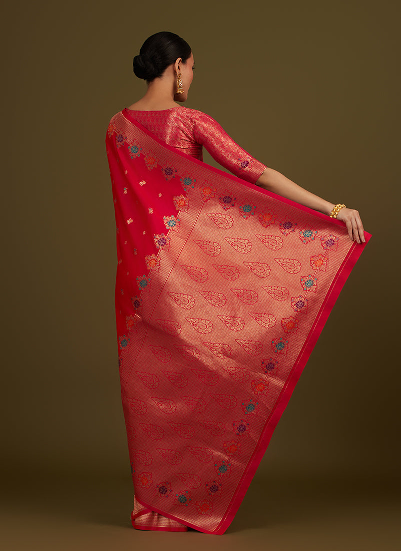 Dark Pink Banarasi Silk Blend Saree with Zari Woven Detailing