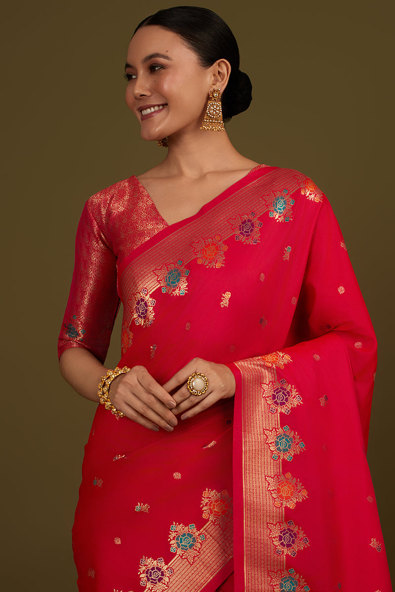 Dark Pink Banarasi Silk Blend Saree with Zari Woven Detailing