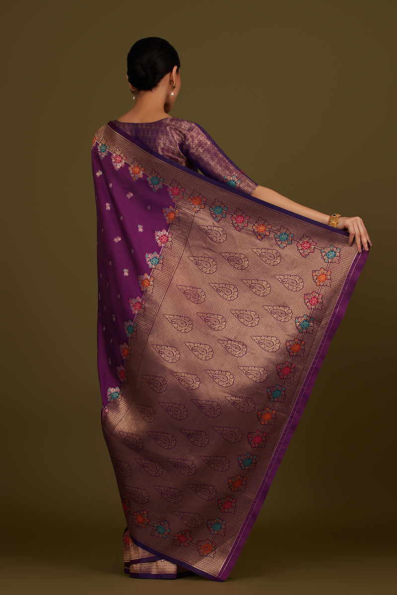 Dark Violet Banarasi Silk Blend Saree with Elegant Zari Detailing
