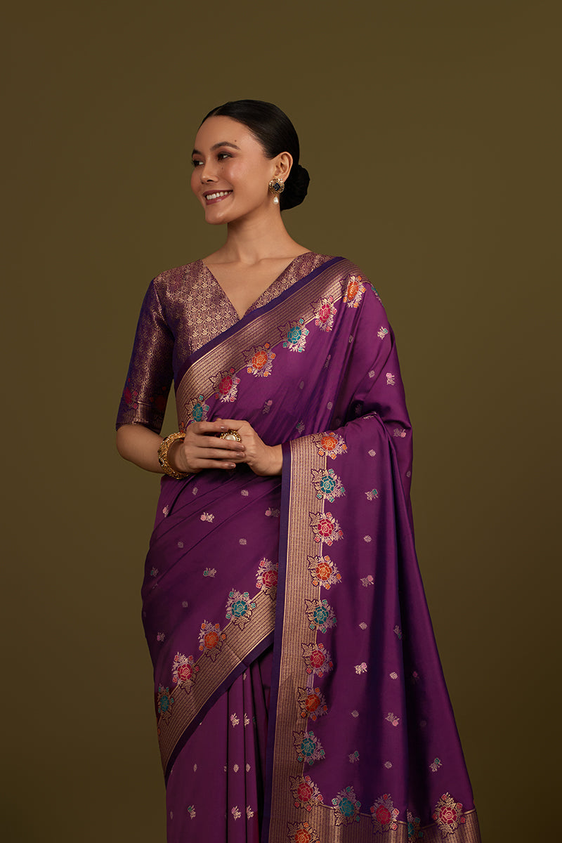 Dark Violet Banarasi Silk Blend Saree with Elegant Zari Detailing