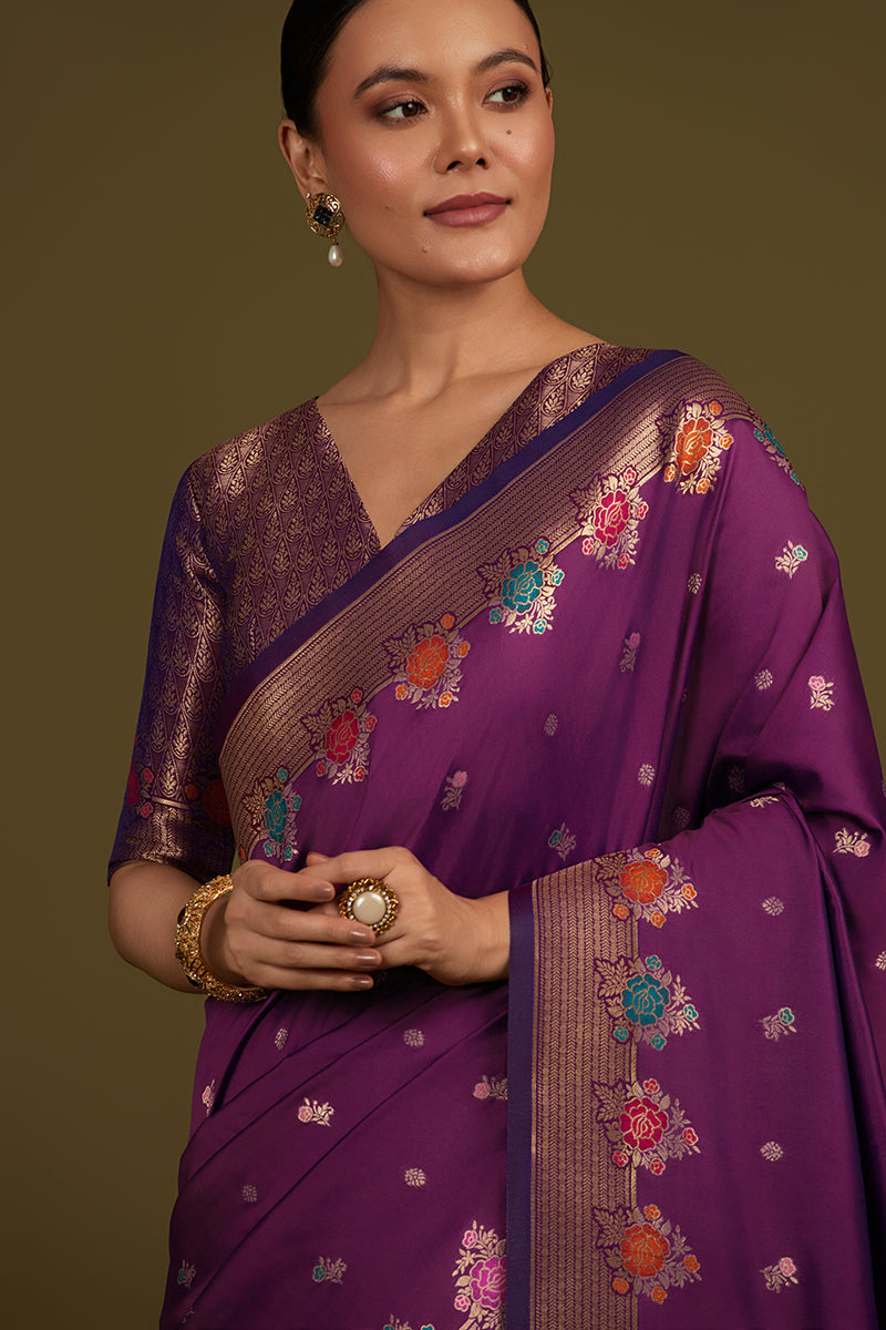 Dark Violet Banarasi Silk Blend Saree with Elegant Zari Detailing