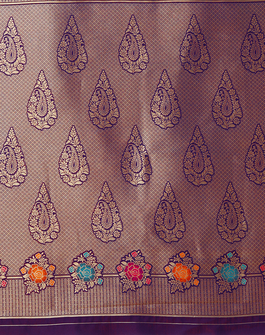 Dark Violet Banarasi Silk Blend Saree with Elegant Zari Detailing