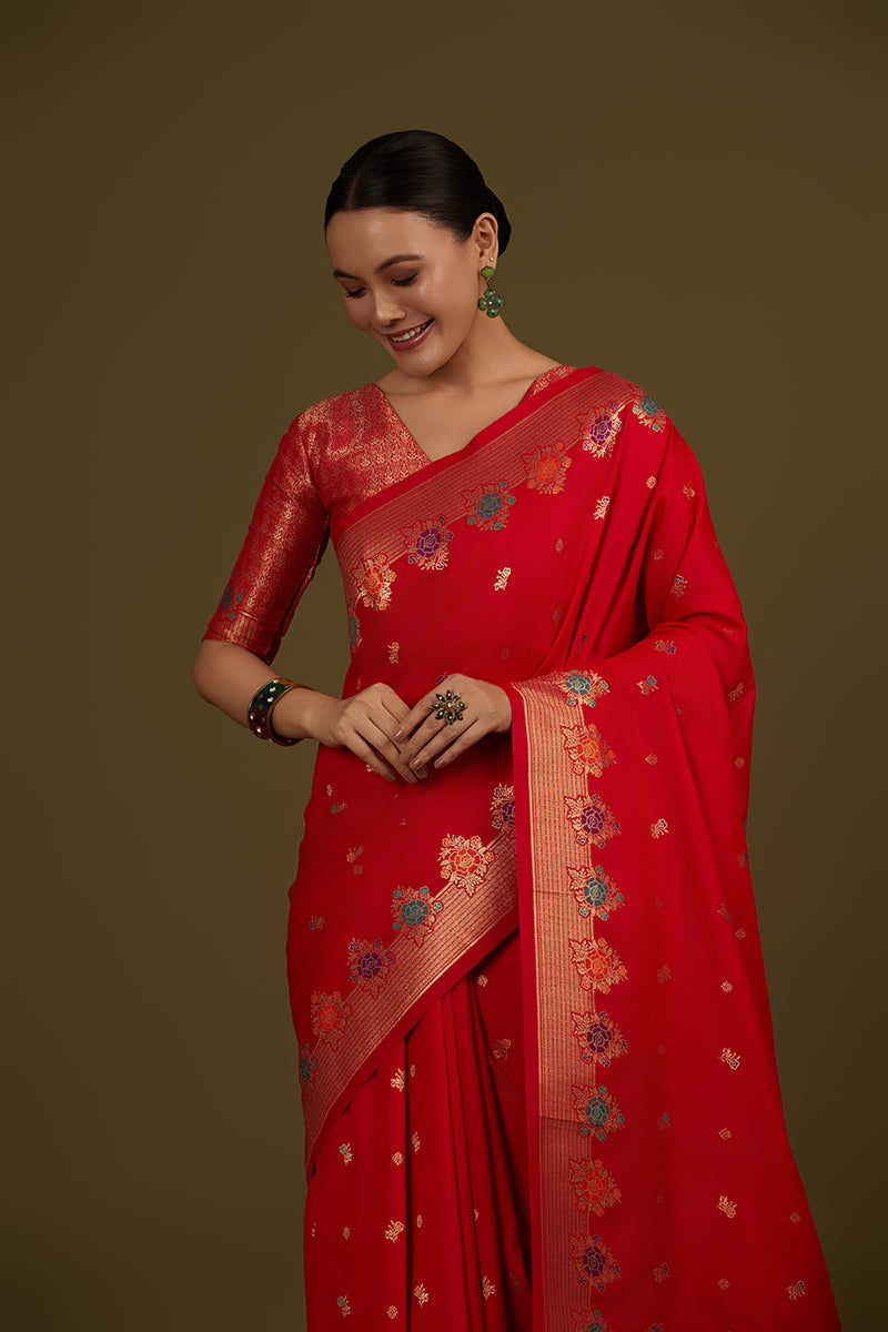 Red Banarasi Silk Blend Saree with Intricate Zari Woven Detailing