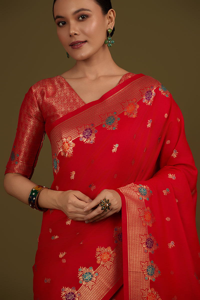 Red Banarasi Silk Blend Saree with Intricate Zari Woven Detailing