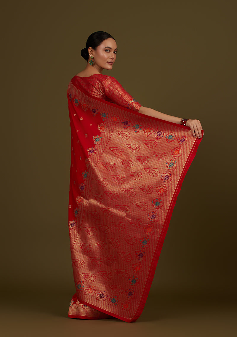 Red Banarasi Silk Blend Saree with Intricate Zari Woven Detailing