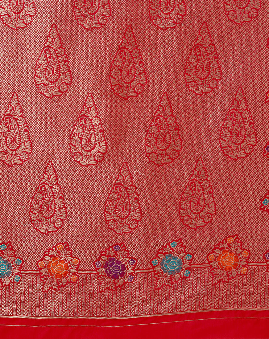 Red Banarasi Silk Blend Saree with Intricate Zari Woven Detailing