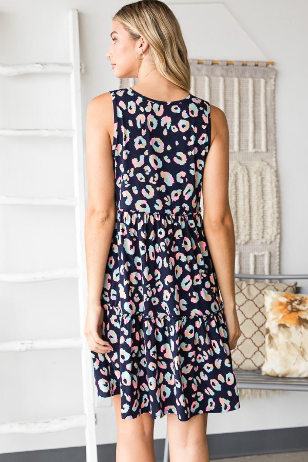 V-Neck Leopard Print Ruffled Tank Dress