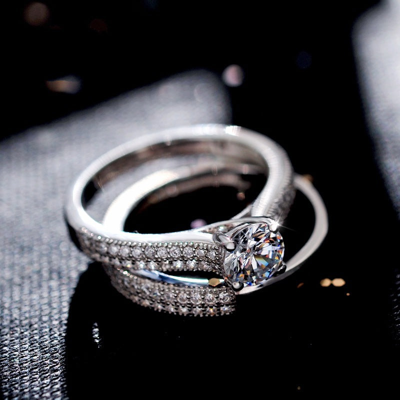 Micro Pave Ring Set With Simulated Heart & Arrow Zirconia, Luxury Proposal Ring For Women