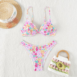 Bikini Swimsuit Sexy Smocking Push up High Waist Print Bikini Swimsuit