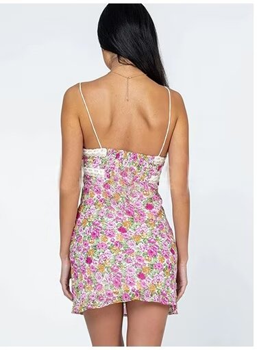 Spring Street V Neck Lace Printed Dress Suspender Dress