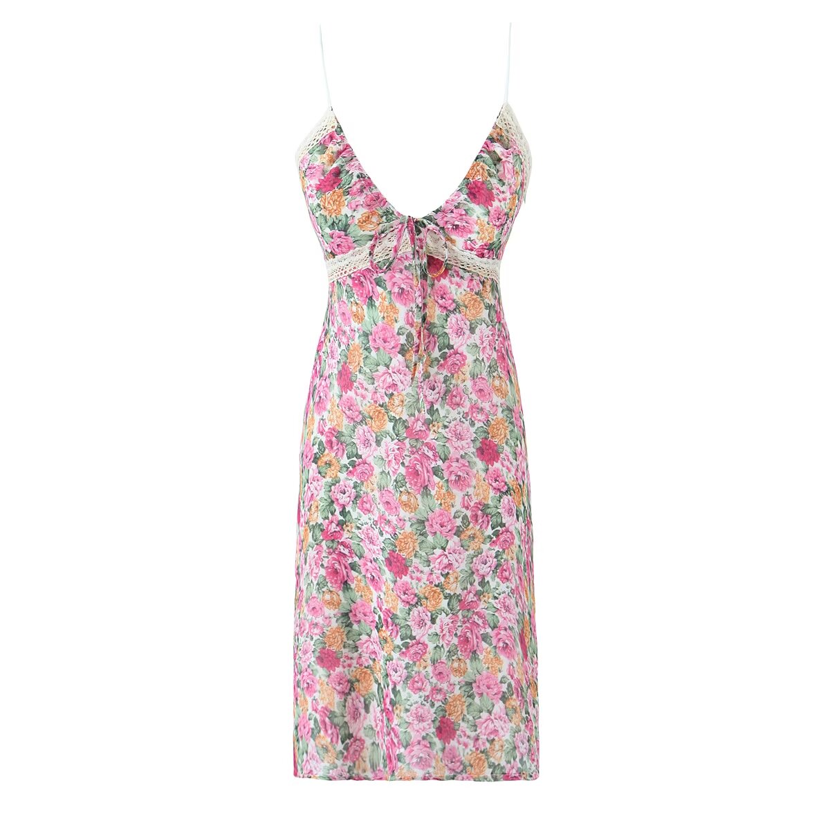 Spring Street V Neck Lace Printed Dress Suspender Dress