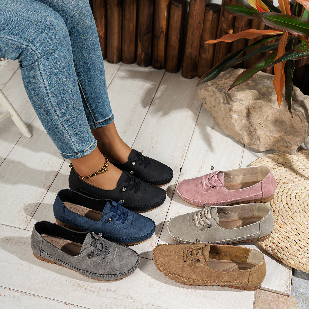 A selection of women's comfortable soft PU leather casual flats in multiple colors including black, blue, gray, pink, and tan.