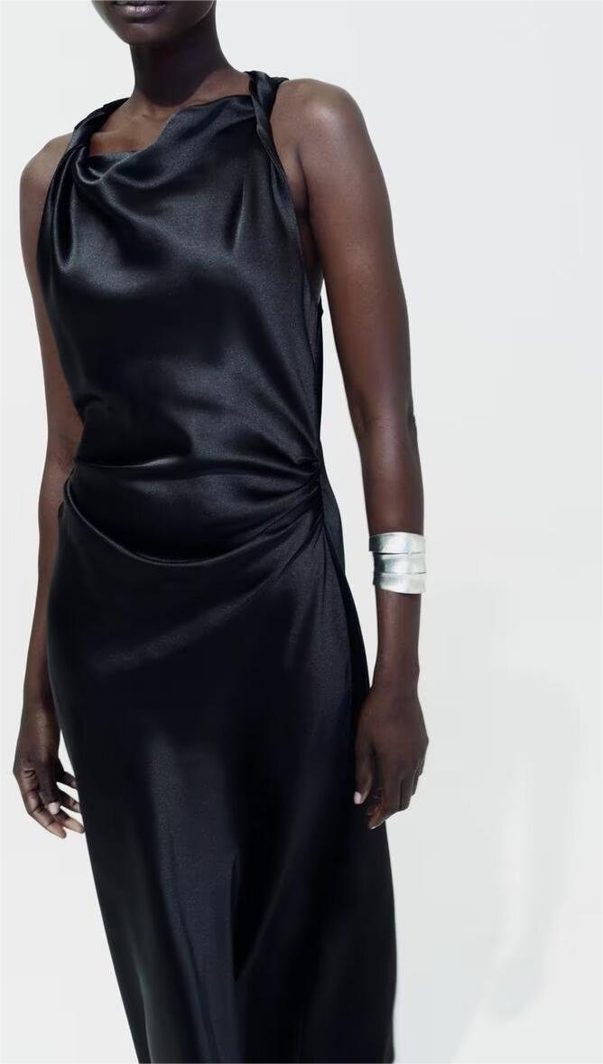 Women Spring Festival Slim Silk Satin Texture Midi Dress
