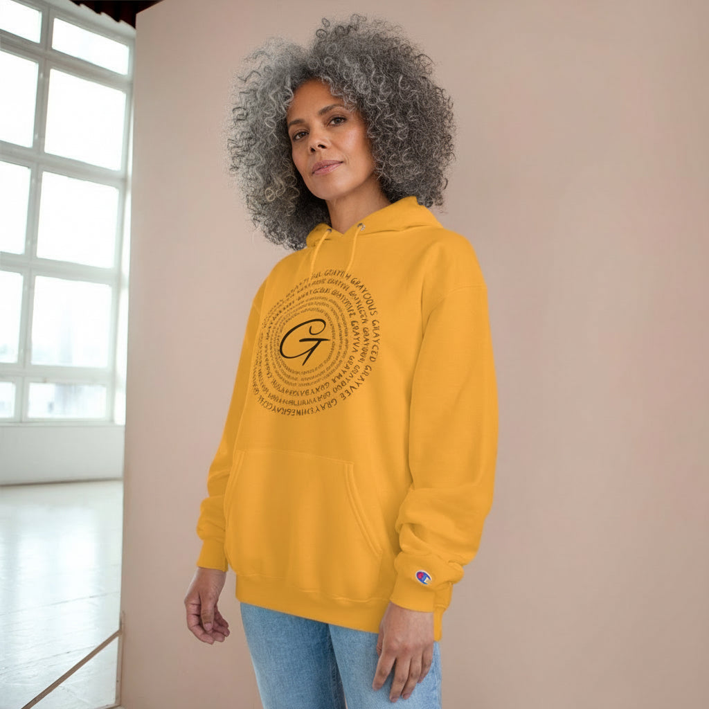 Unisex mid-weight fleece hoodie in yellow, white, grey, and orange with spacious front pocket.